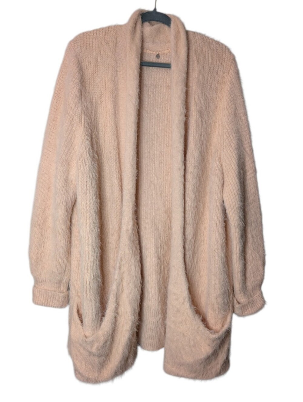 Anthropologie Knitted & Knotted Eyelash Fuzzy Long Open Cardigan Sweater blush L